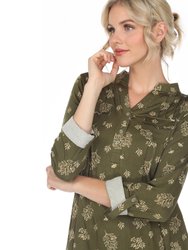 Pleated Long Sleeve Leaf Print Blouse