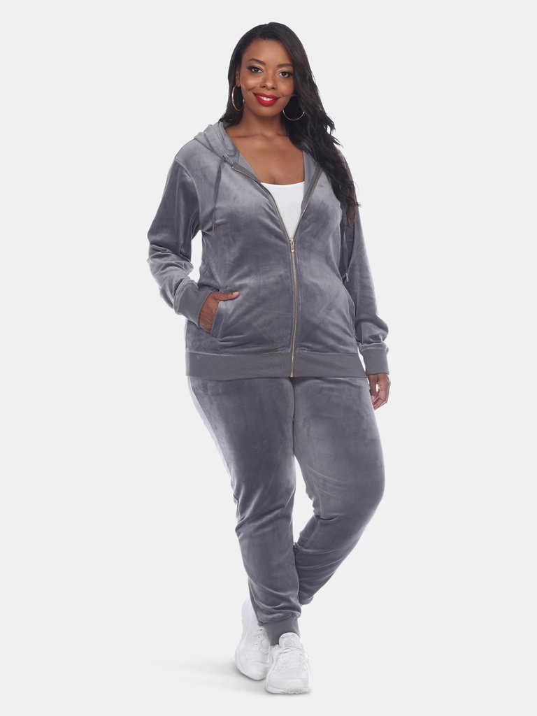 Plus Size 2 Piece Velour Tracksuit Set - Grey