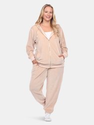 Plus Size 2 Piece Velour Tracksuit Set - Beige