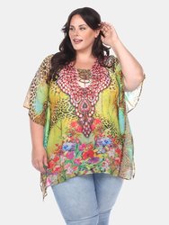 Plus Size Animal Print Caftan with Tie-up Neckline - Yellow