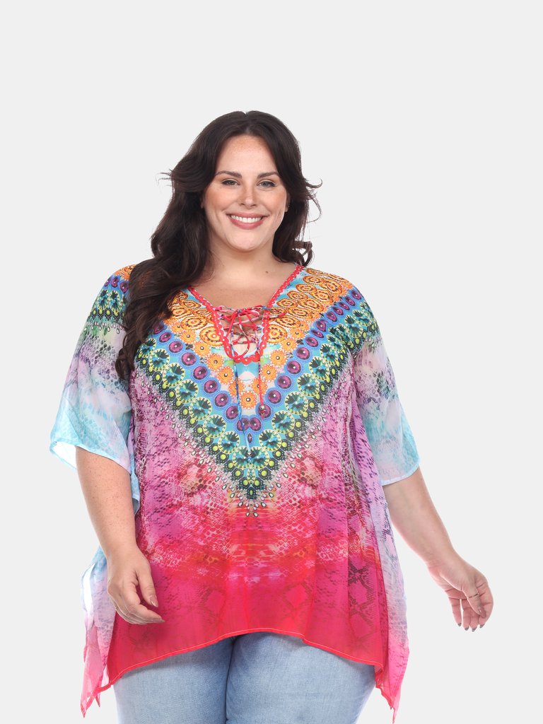 Plus Size Animal Print Caftan with Tie-up Neckline - Purple