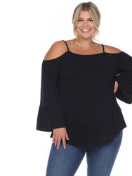 Plus Size Cold Shoulder Ruffle Sleeve Top - Black