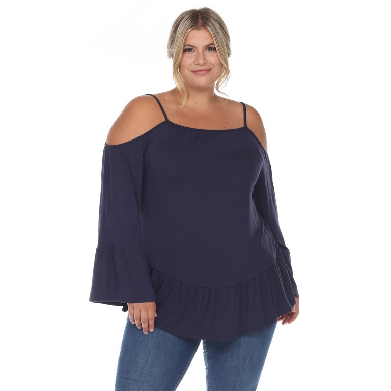 Plus Size Cold Shoulder Ruffle Sleeve Top - Navy