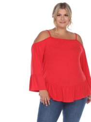 Plus Size Cold Shoulder Ruffle Sleeve Top - Red
