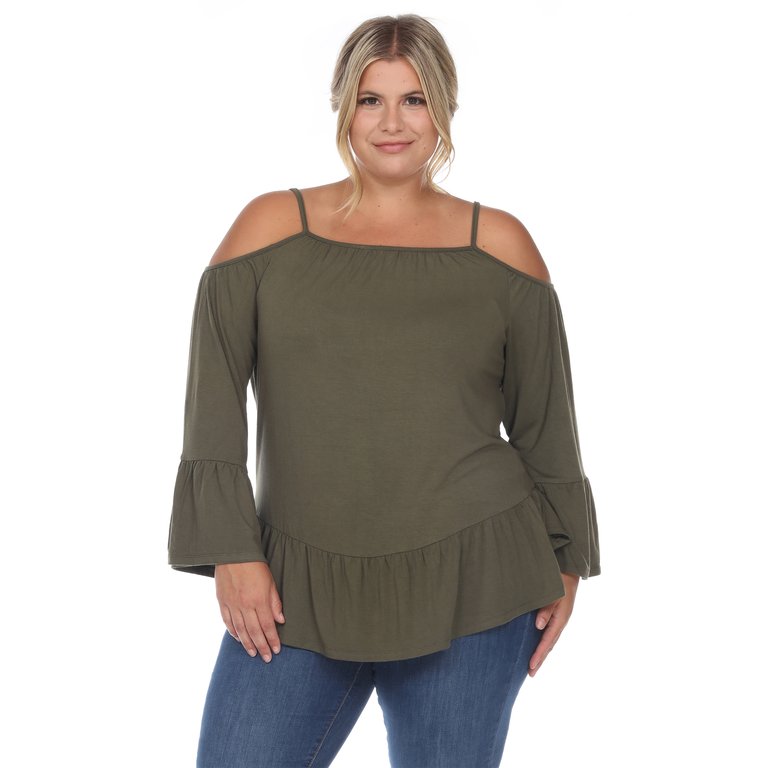 Plus Size Cold Shoulder Ruffle Sleeve Top - Olive