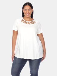 Plus Size Crisscross Cutout Short Sleeve Top - White