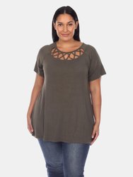 Plus Size Crisscross Cutout Short Sleeve Top - Green