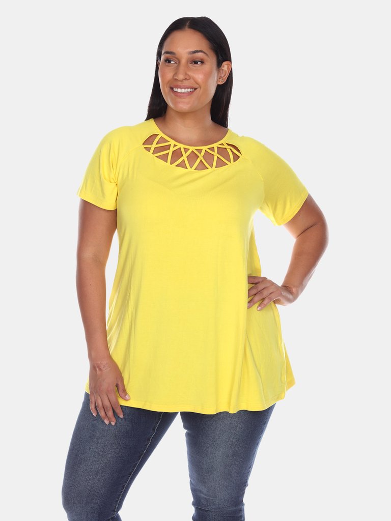 Plus Size Crisscross Cutout Short Sleeve Top - Yellow