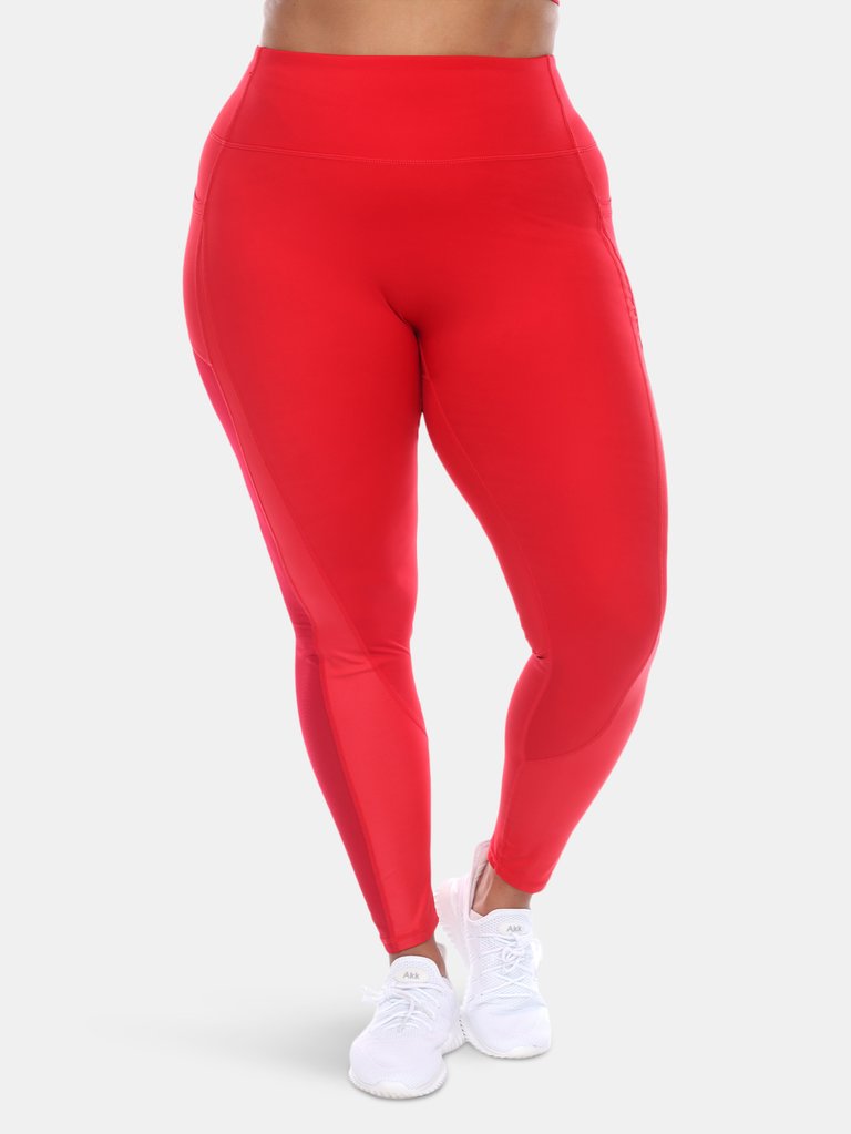 Plus Size High-Waist Mesh Fitness Leggings - Red