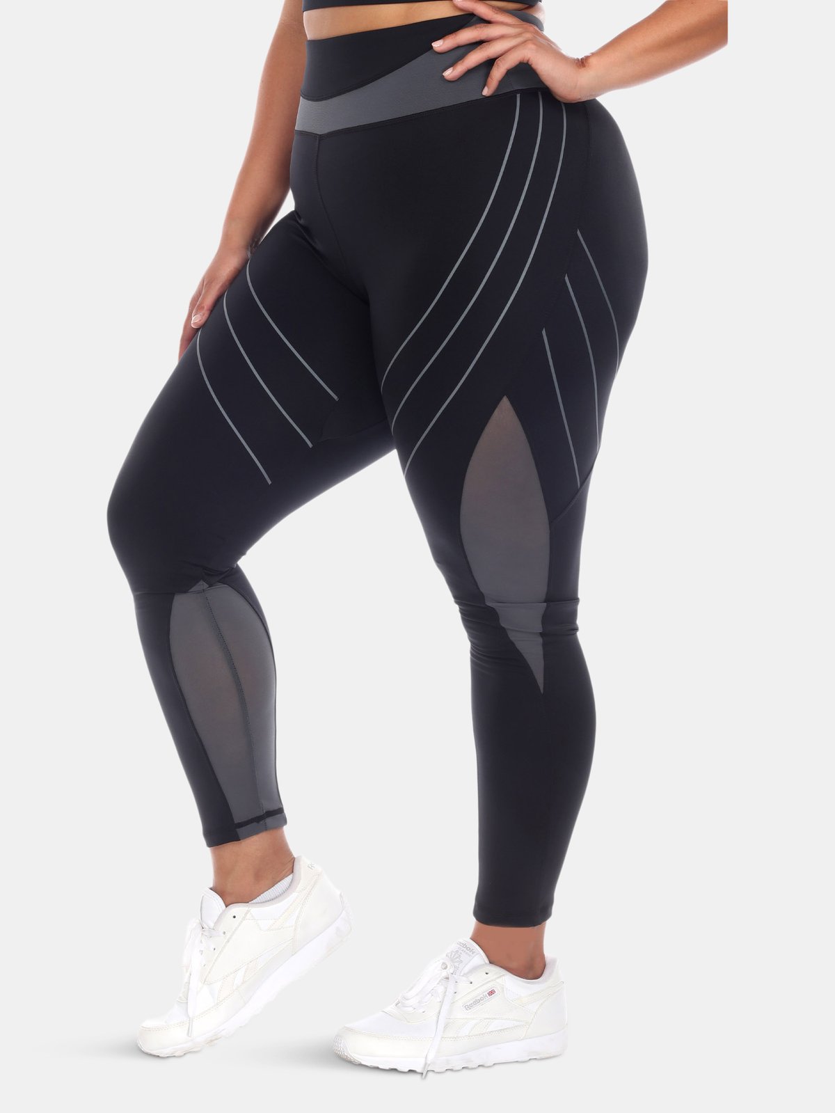 White Mark Black Plus Size High-Waist Reflective Piping Fitness Leggings