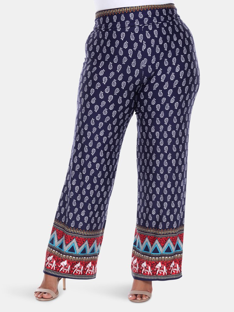 Plus Size Indian Paisley Print Palazzo Pants - Navy