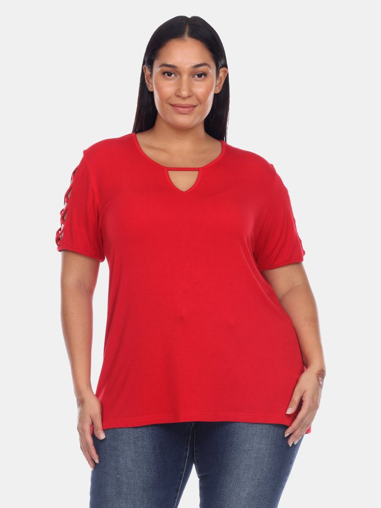 Plus Size Keyhole Neck Cutout Short Sleeve Top - Red