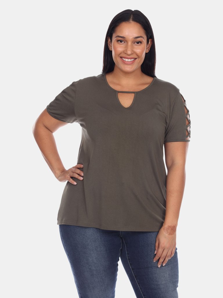 Plus Size Keyhole Neck Cutout Short Sleeve Top - Green