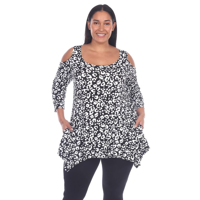 Plus Size Leopard Cold Shoulder Tunic - Black Leopard