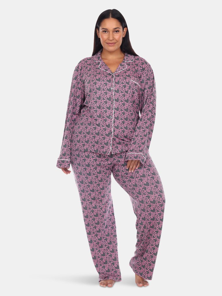 Plus Size Long Sleeve Pajama Set - Grey - Heart