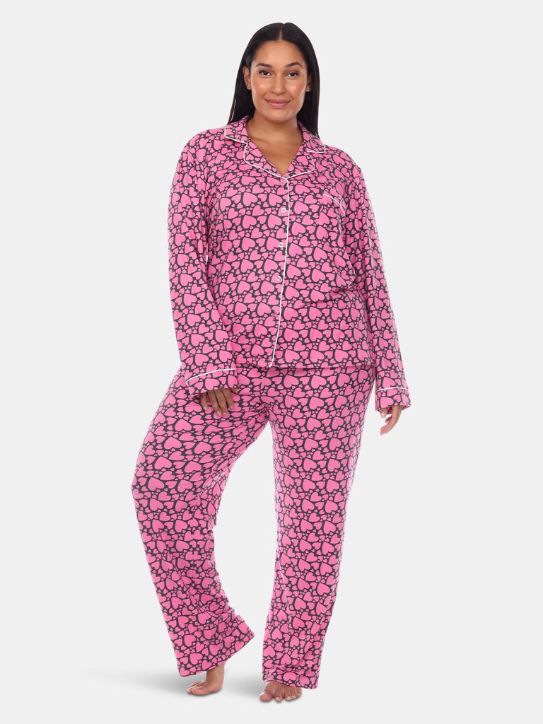Plus Size Long Sleeve Pajama Set - Pink - Heart