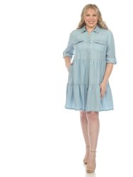 Plus Size Long Sleeve Tiered Midi Shirt Dress - Denim Blue