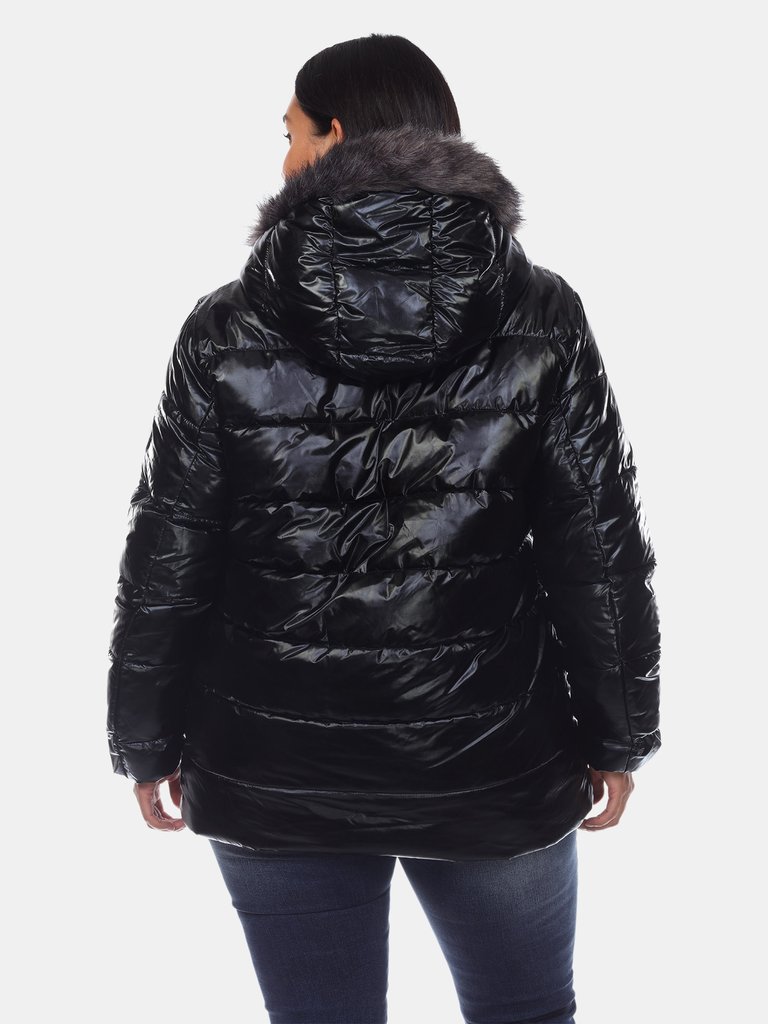 Plus Size Metallic Puffer Coat with Hoodie