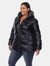 Plus Size Metallic Puffer Coat with Hoodie - Black