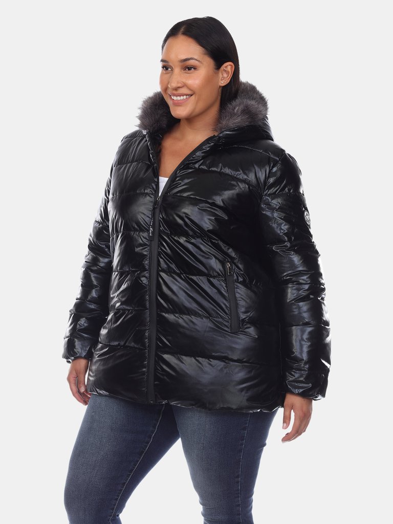 Plus Size Metallic Puffer Coat with Hoodie - Black