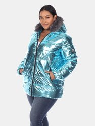 Plus Size Metallic Puffer Coat with Hoodie - Green