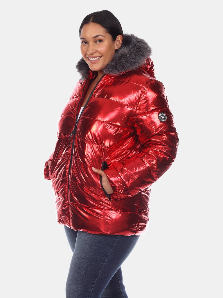 Plus Size Metallic Puffer Coat with Hoodie - Red