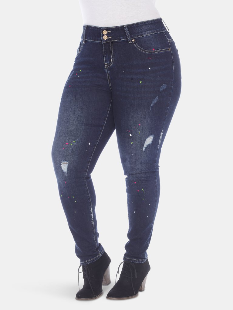 Plus Size Paint Effect Dark Blue Denim - Dark Blue