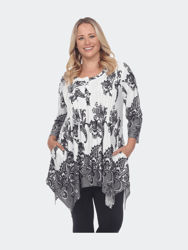 Plus Size Paisley Scoop Neck Tunic Top with Pockets - Beige/Charcoal