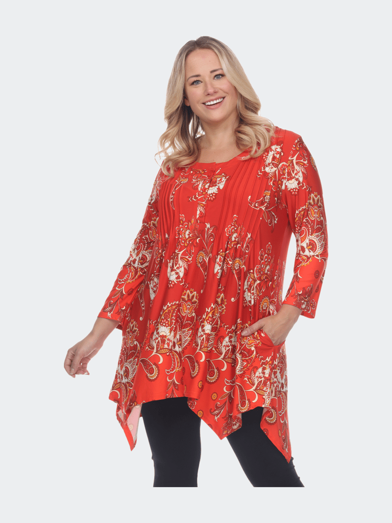 Plus Size Paisley Scoop Neck Tunic Top with Pockets - Red/White