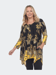 Plus Size Paisley Scoop Neck Tunic Top with Pockets - Black/Gold