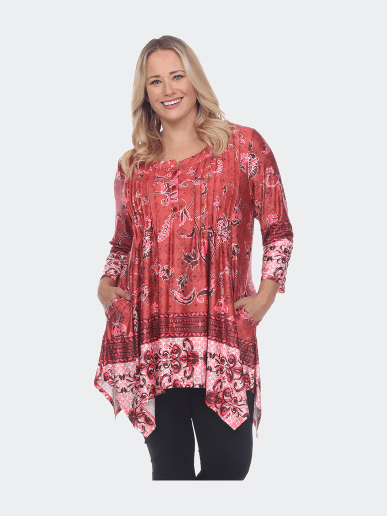 Plus Size Paisley Scoop Neck Tunic Top with Pockets - Red