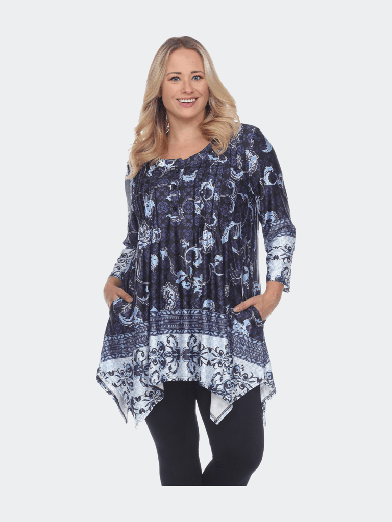 Plus Size Paisley Scoop Neck Tunic Top with Pockets - Blue