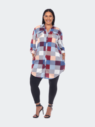 Plus Size Plaid Tunic Shirt - Blue/Burgundy