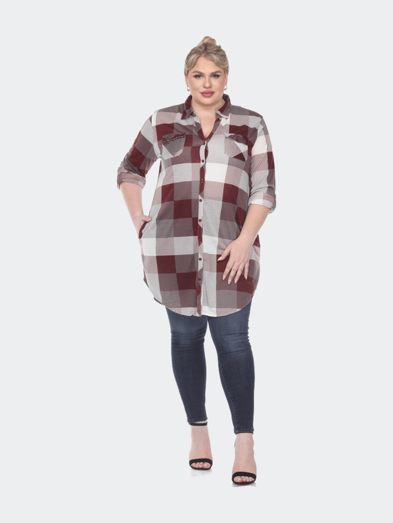 Plus Size Plaid Tunic Shirt - Burgundy/White