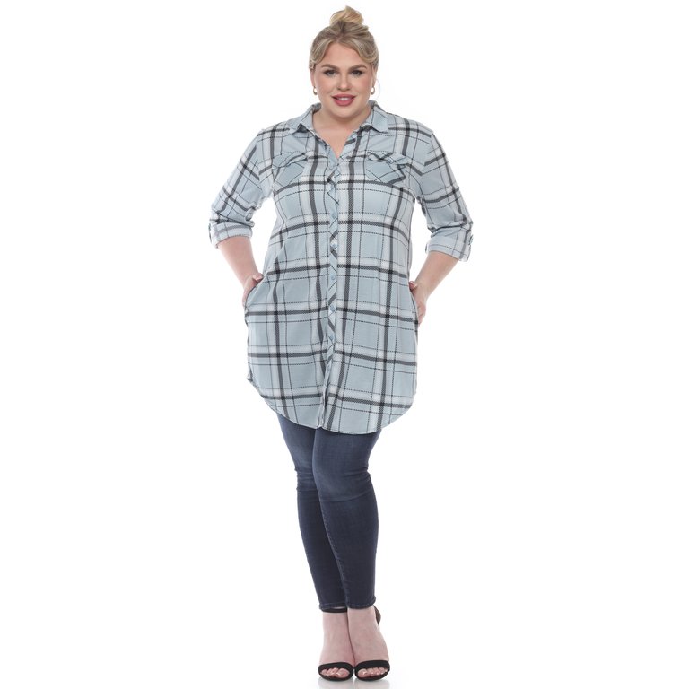 Plus Size Plaid Tunic Top - Blue