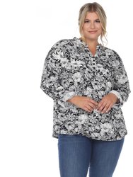 Plus Size Pleated Long Sleeve Floral Print Blouse - Black