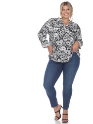 Plus Size Pleated Long Sleeve Floral Print Blouse