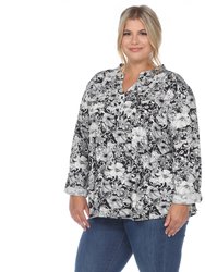 Plus Size Pleated Long Sleeve Floral Print Blouse