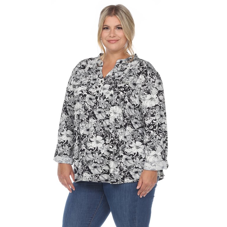 Plus Size Pleated Long Sleeve Floral Print Blouse