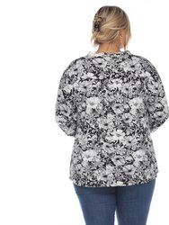 Plus Size Pleated Long Sleeve Floral Print Blouse