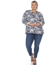 Plus Size Pleated Long Sleeve Floral Print Blouse