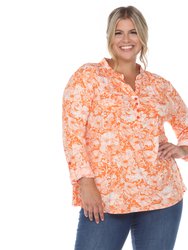 Plus Size Pleated Long Sleeve Floral Print Blouse - Orange