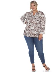 Plus Size Pleated Long Sleeve Floral Print Blouse