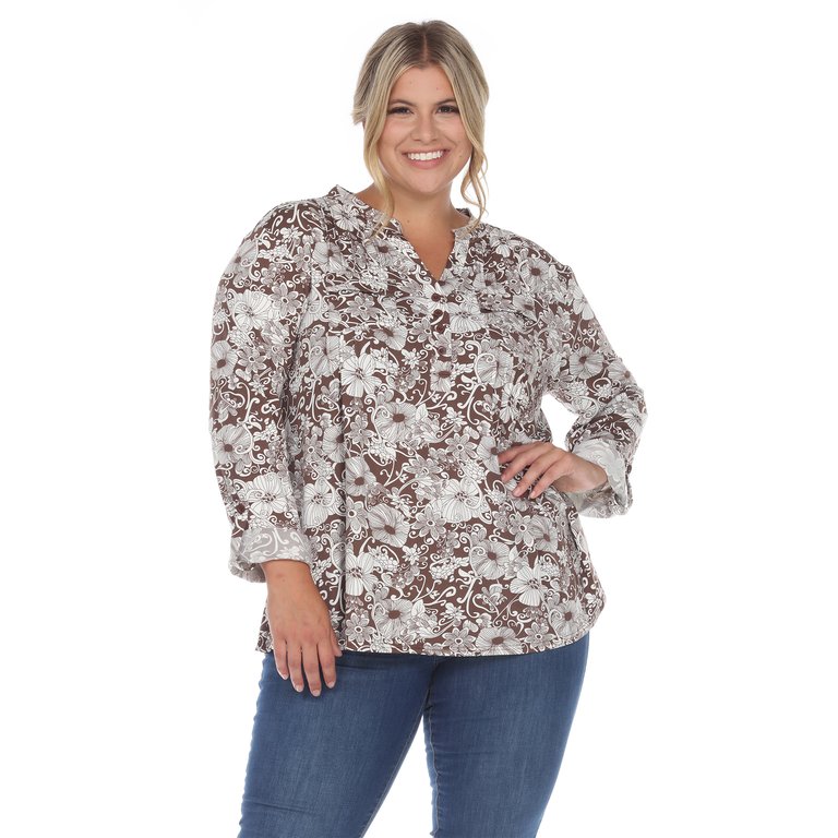 Plus Size Pleated Long Sleeve Floral Print Blouse - Brown