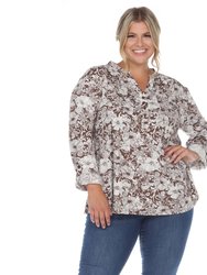 Plus Size Pleated Long Sleeve Floral Print Blouse - Brown