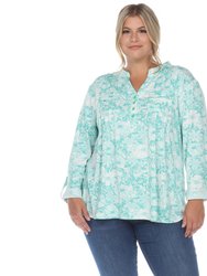 Plus Size Pleated Long Sleeve Floral Print Blouse - Mint