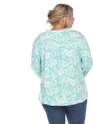 Plus Size Pleated Long Sleeve Floral Print Blouse