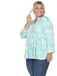 Plus Size Pleated Long Sleeve Floral Print Blouse