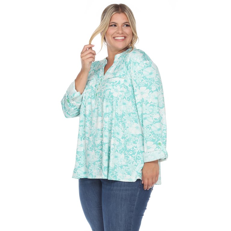 Plus Size Pleated Long Sleeve Floral Print Blouse