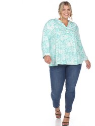 Plus Size Pleated Long Sleeve Floral Print Blouse